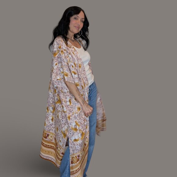 Band of Gypsies Tan Floral Print Boho Kimono - One Size - Picture 2 of 7